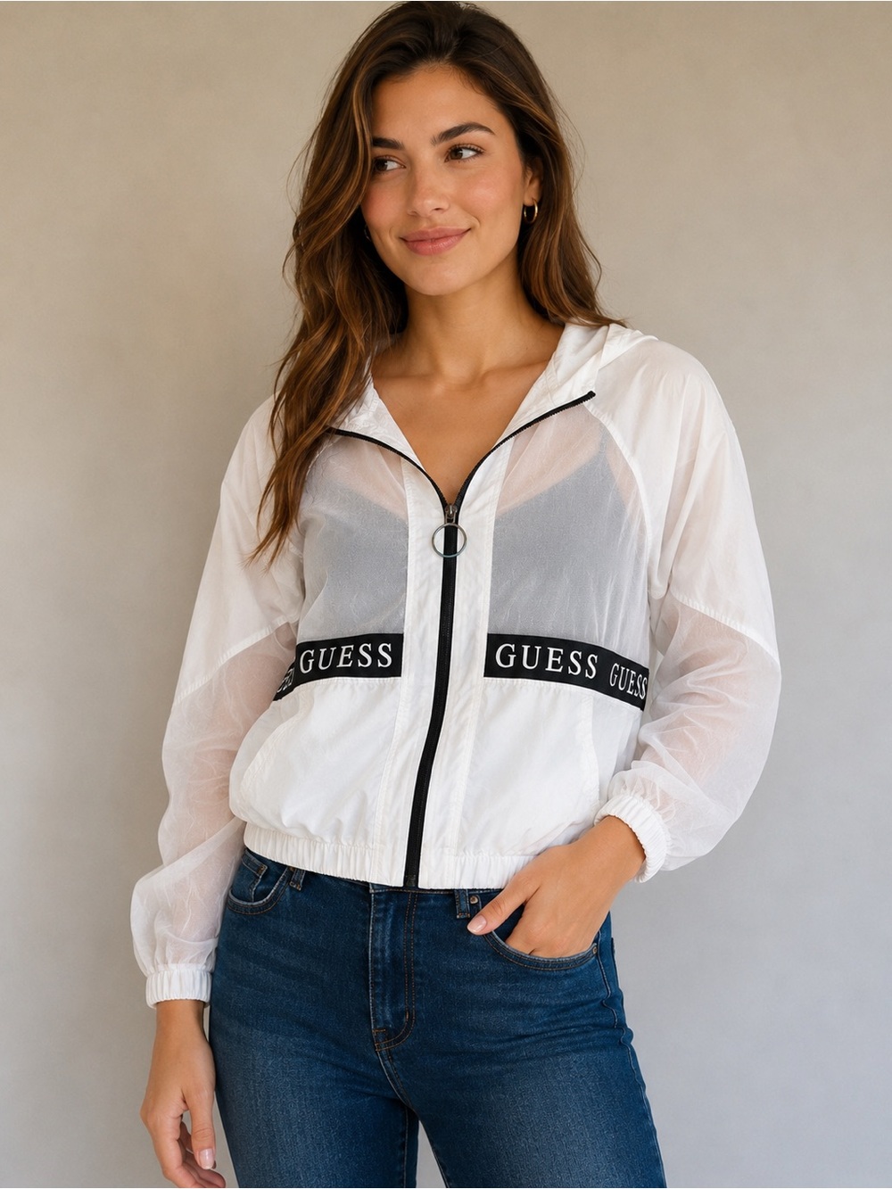 GUESS White Mesh Hooded Windbreaker Jacket Logo Tape S